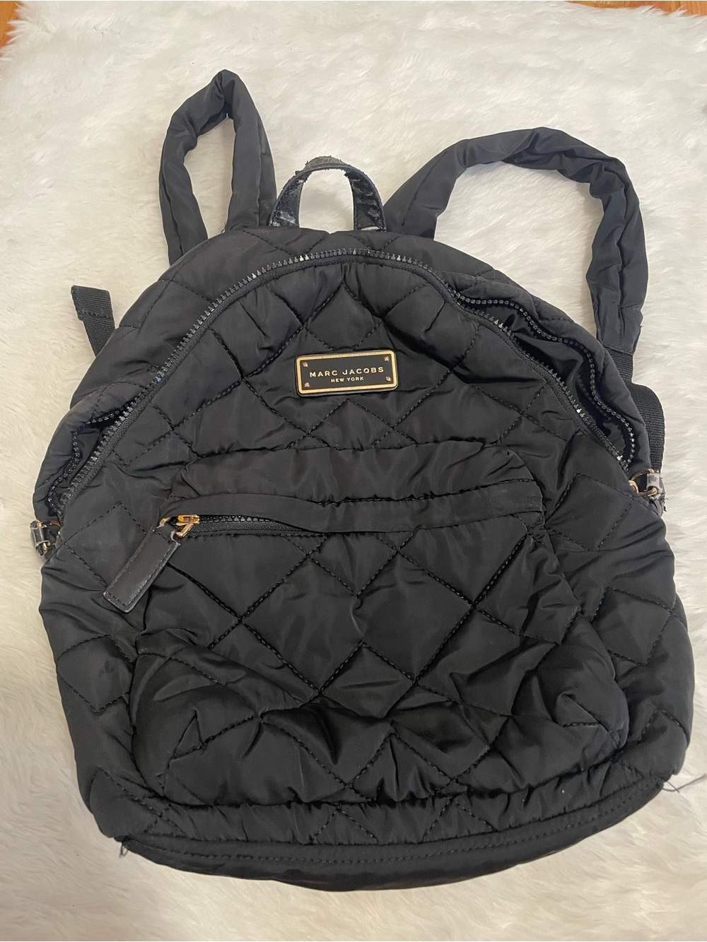 Marc Jacobs Black Quilted Nylon Backpack with Gold Plaque